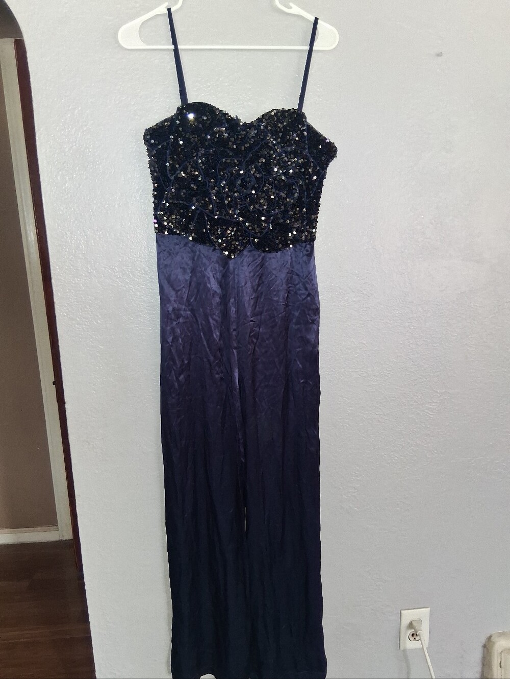 Badgley Mischka Satin Sequin Jumpsuit Midnight Blue Black Formal 8 - Picture 4 of 10